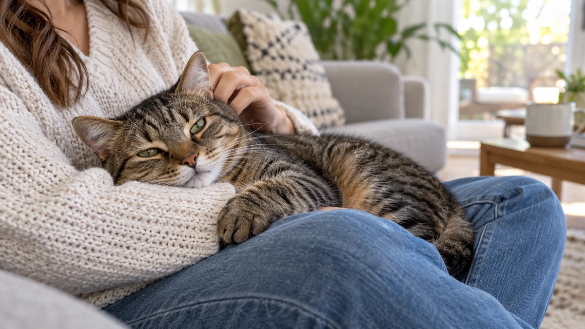 Tekir Kedi kedi — sahibinin kucağında