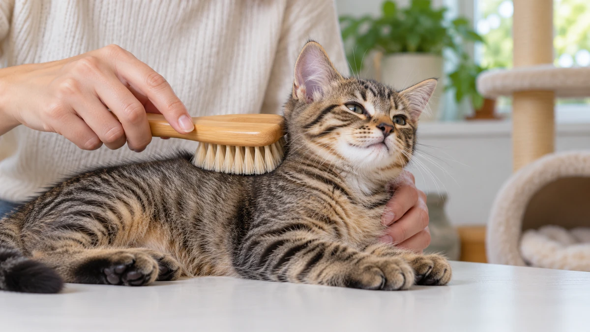 Tekir Kedi yavru kedi — tüy bakımı ve fırçalama